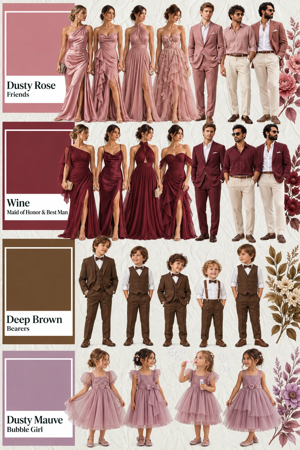 Wedding color guide for friends, wedding party, bearers and bubble girl